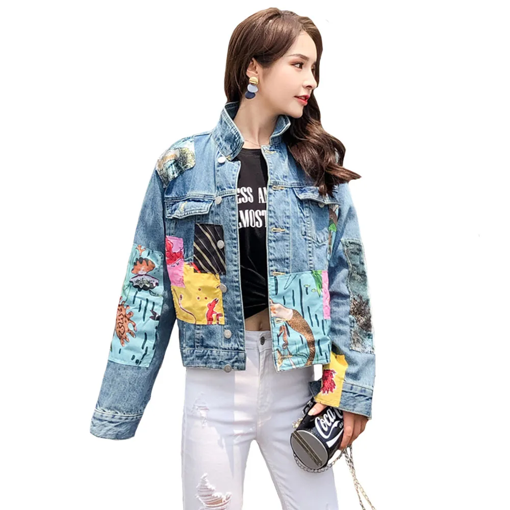 

Women Coat Boho Female Jacket Autumn Wintage Cartoon Pattern Embroidery Long Sleeve Stitching Coat Outerwear Retro Denim Jacket