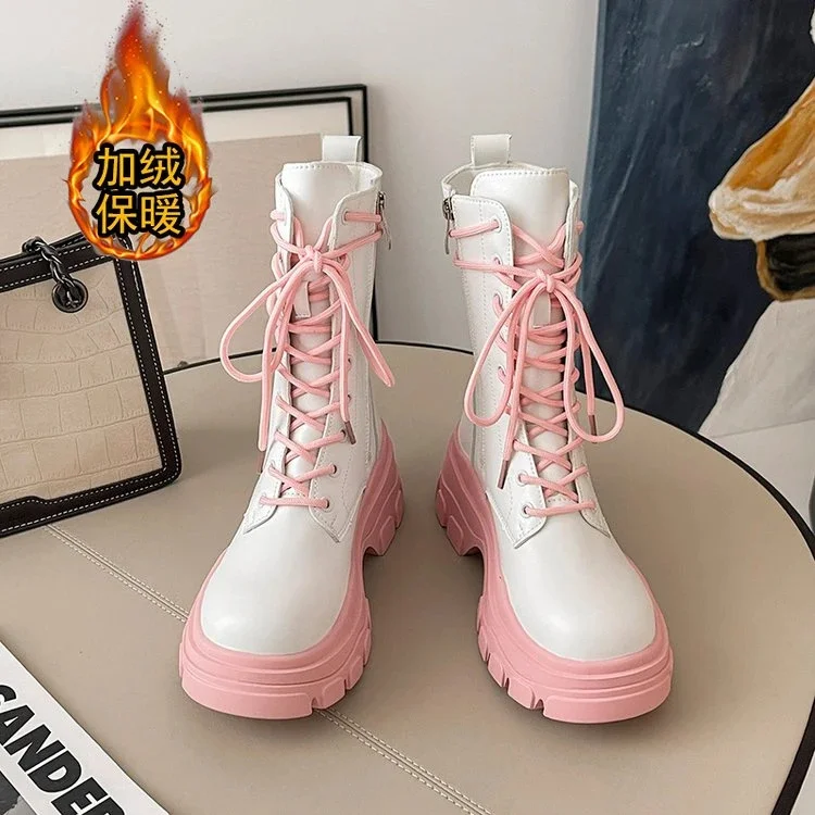 

Pink Lace-up Biker Boots Female British Style 2023 New Fashion Muffin Thick Bottom Winter Warm Fashion Female Boots Short Boots