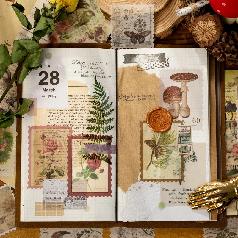 

60pcs Retro Stamp Stationery Sticker Time Post Office Plant Flower Animal Hand Account Diary Material DIY Decorative Sticker