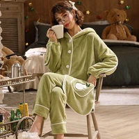 fashion trend cardigan autumn and winter new flannel plus velvet thickened warm loose simple home service pajamas