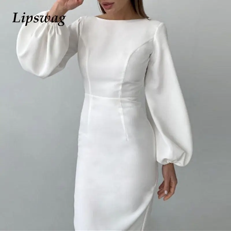 

Модное однотонное длинное платье с круглым вырезом и длинными рукавами-фонариками, соблазнительное однотонное облегающее платье с открыто...