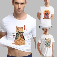 fashion japan cat print man t shirt summer thin mens commuter tops t shirt harajuku casual short sleeve white o neck tshirt
