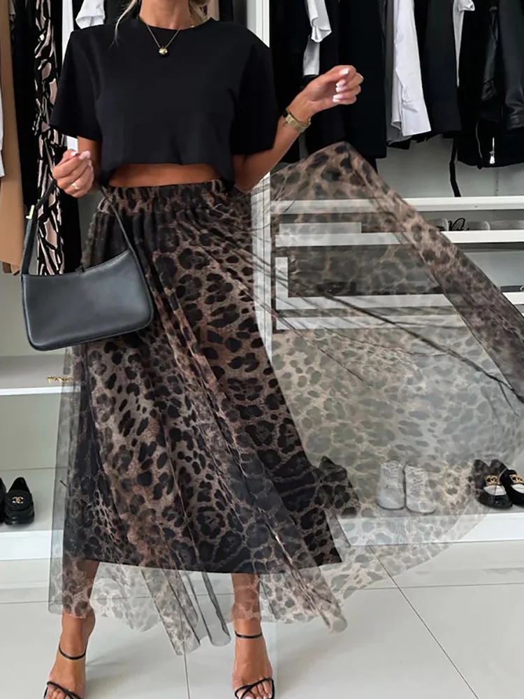 Женская юбка с высокой талией в стиле пэчворк осенняя простая макси леопардовым