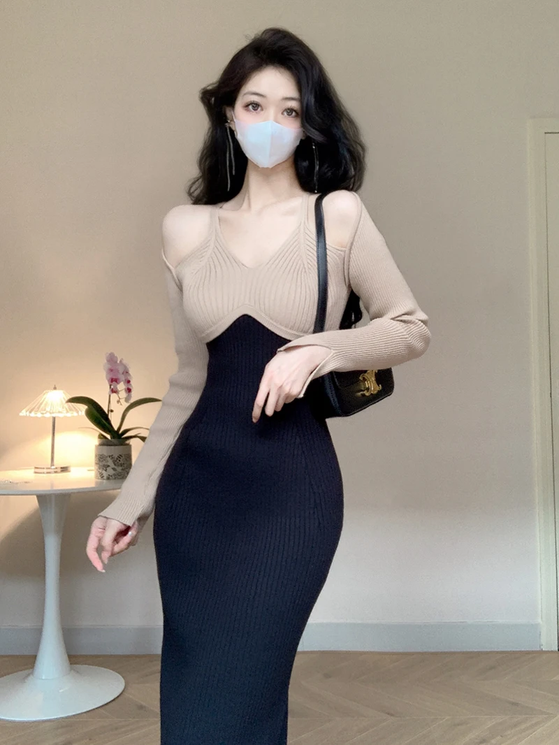 

Off Shoulder Milk Tea French Gentle Style Knitted Dress Women's Autumn and Winter Show Thin Sexy Long Sleeve Underlay Skirt
