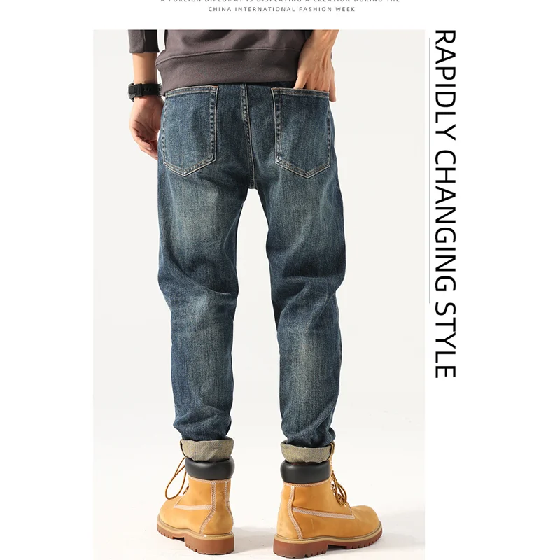 Streetwear Men Autumn and Winter New Style Straight Loose Cylinder Jeans Vintage Chaopai Comfortable Blue Harun Trousers Female