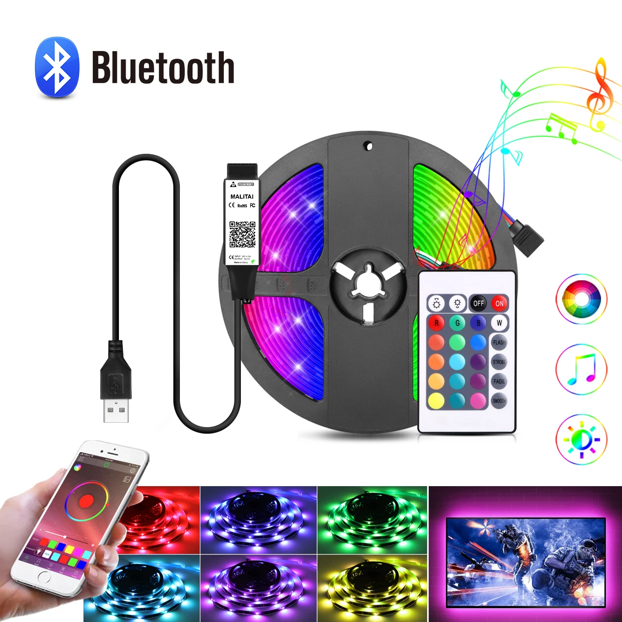 

5050 SMD Bluetooth USB LED Strip Light RGB DC 5V USB APP Control LED Lights Flexible Lamp Tape Ribbon TV Backlight Lighting