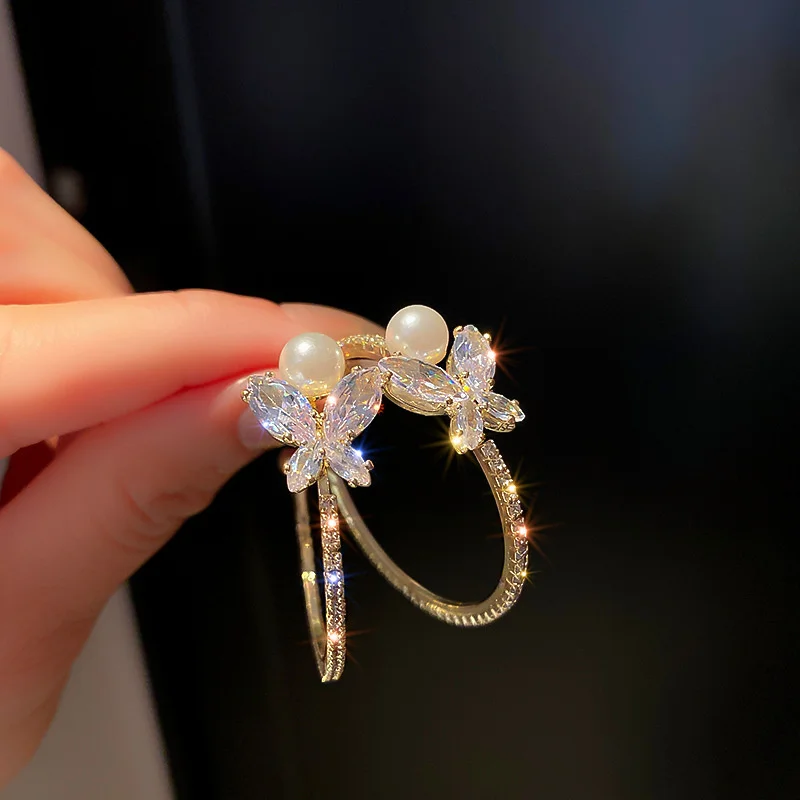 

S925 Silver Needle Earring Luxury Butterfly Zircon Rhinestone Stud Earrings Geometric Half Circle Earring Jewelry Accessories