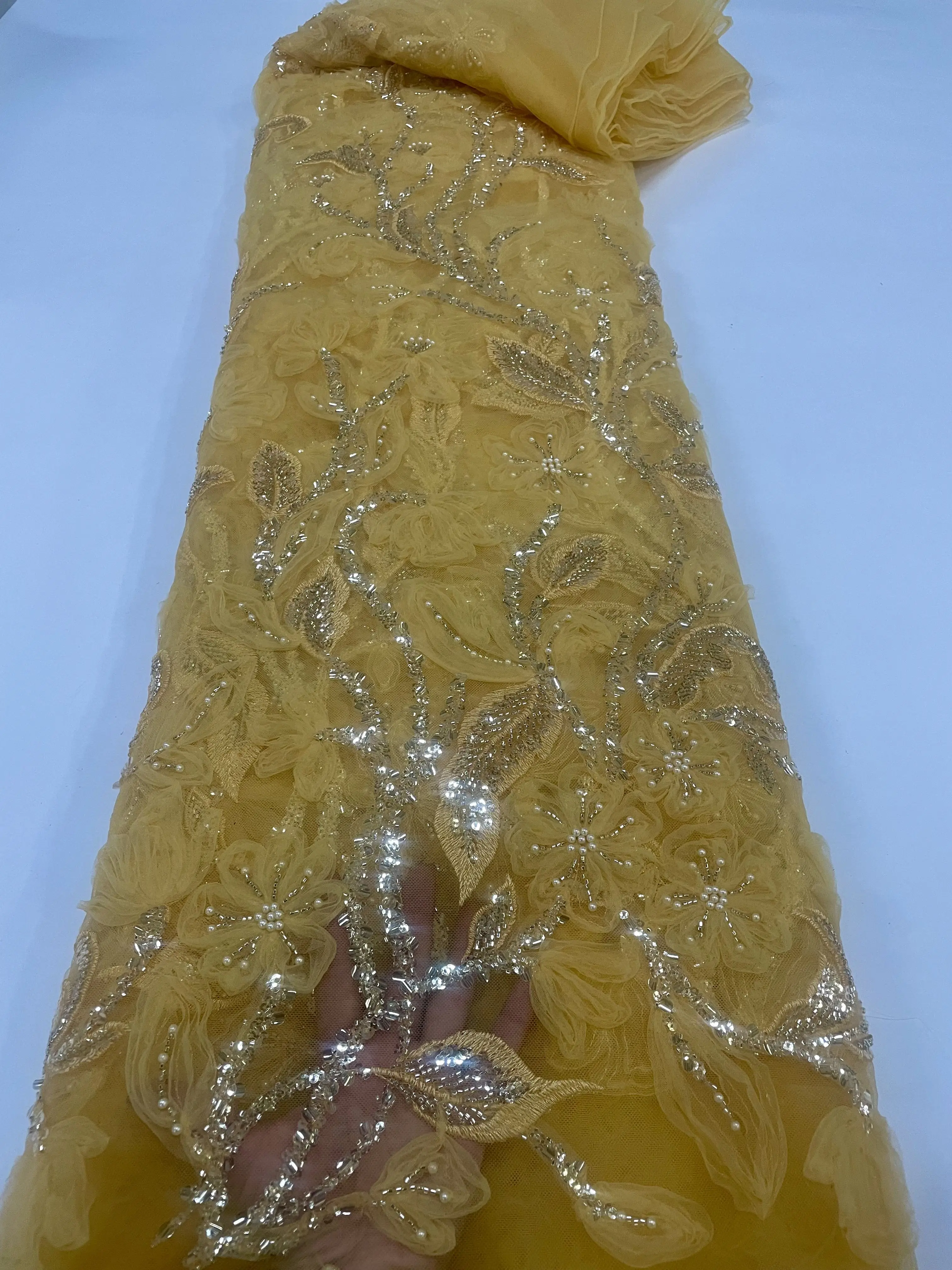 

purple African 3D Lace Fabric 5 Yards 2023 High Quality With Beads Embroidered French Nigerian Sequins Lace Fabric For Wedding68