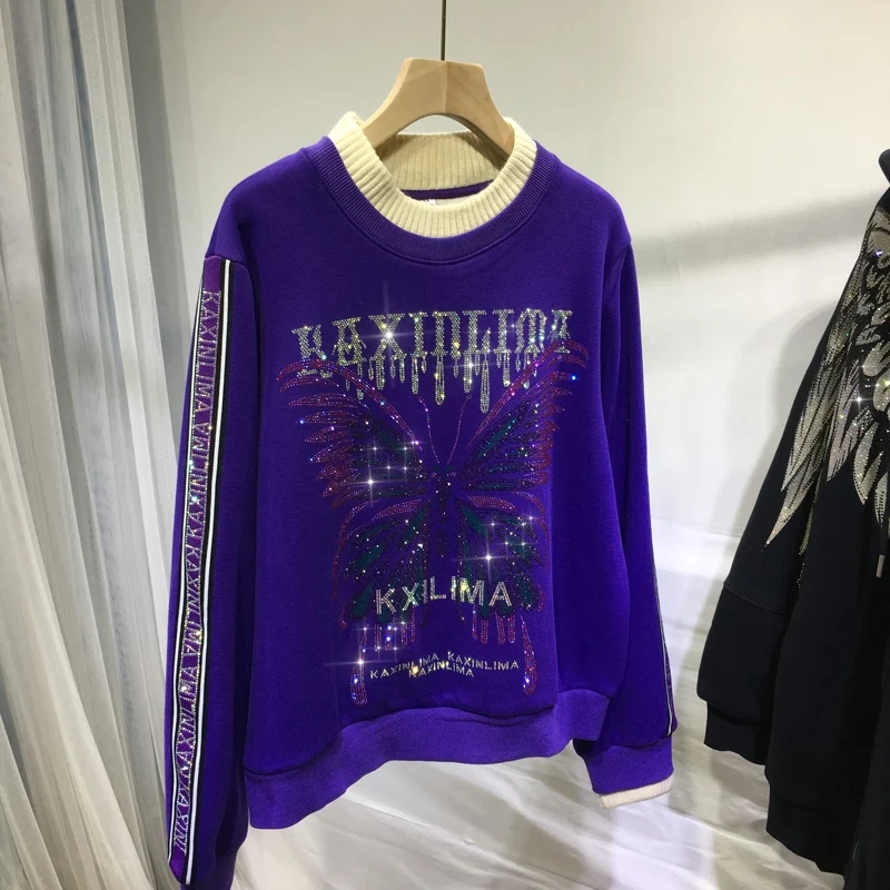 Thicken Women Sweatshirt 2022 New Autumn Winter O-neck Pullovers Top Sparkling Butterfly Hot Drilling Purple Long Sleeve Hoodie