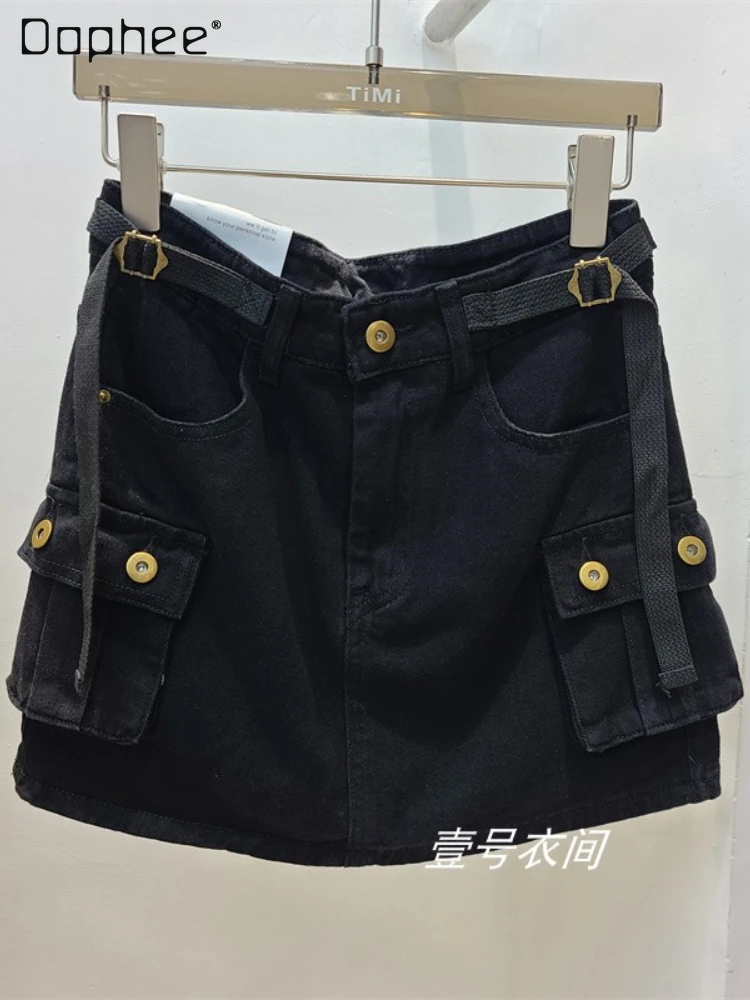 

Woman Black Workwear with Pocket Short Denim Skirt 2022 Summer New Vintage Skirts A-Line Anti-Emptied Pantskirt Fashion Faldas