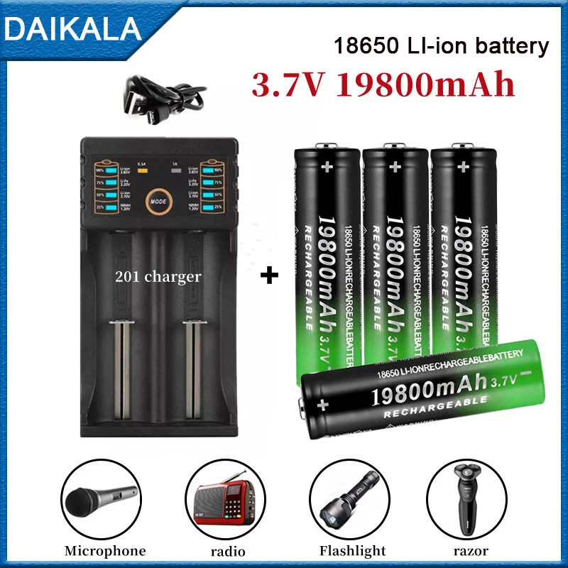 

100% New 18650 Battery 3.7V 19800mAh Rechargeable Li-Ion battery with charger for Led flashlight batery litio battery+ Charger