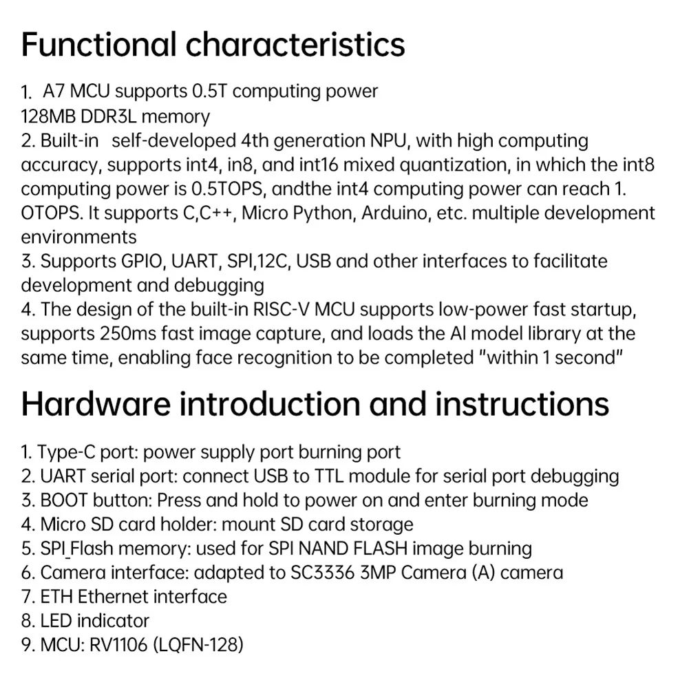 RV1106 Linux макетная плата RISC-V архитектура 256 Мб Flash 100 Мбит/с Ethernet-порт искусственного