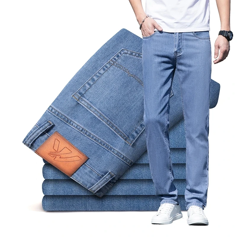 

2023 весна-лето тонкие дышащие хлопковые Стрейчевые мужские облегающие прямые джинсы корейские Молодежные жизненные легкие брюки