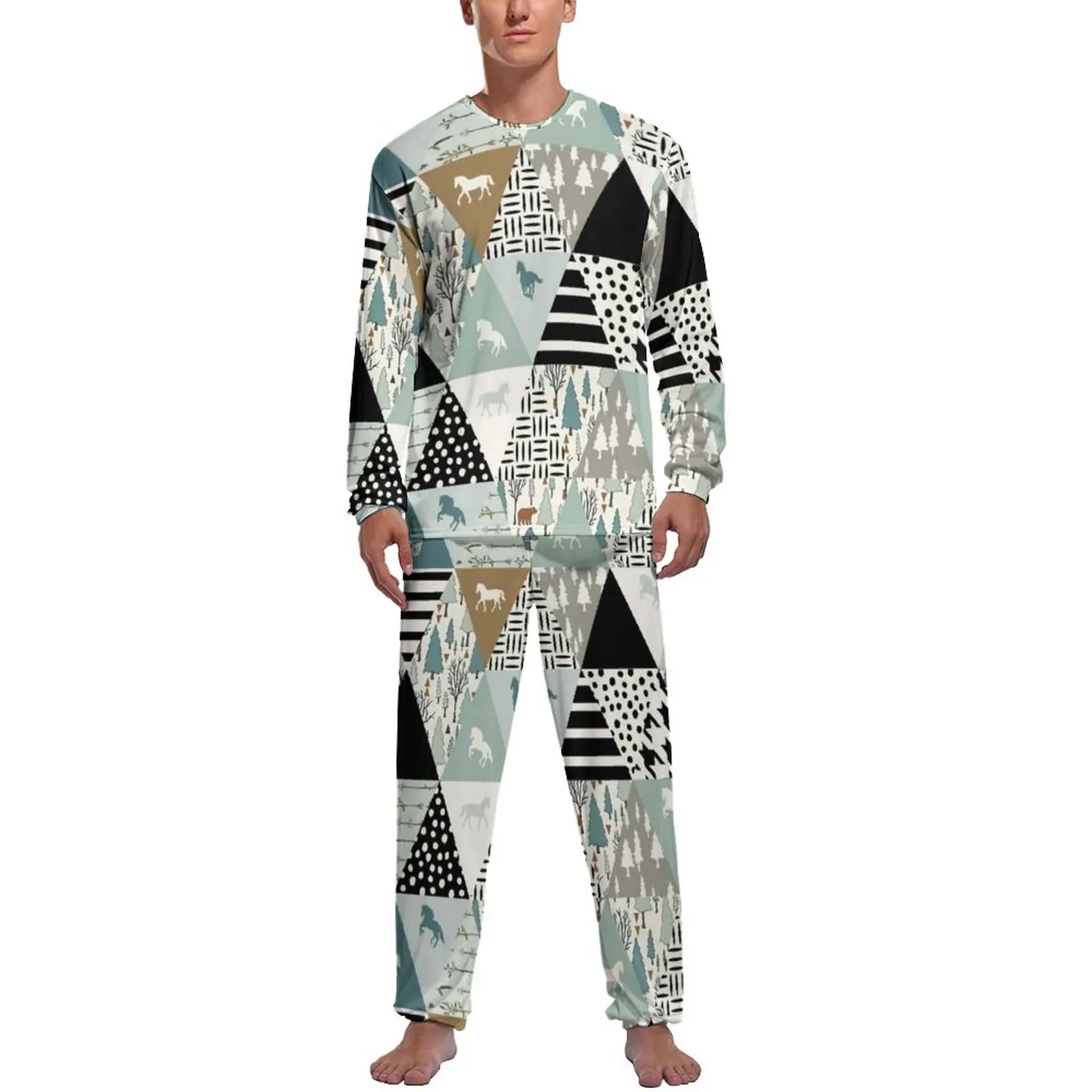 

Horse Triangle Patchwork Pajamas Horses Lover Trendy Man Long-Sleeve Cool Pajama Sets 2 Pieces Leisure Autumn Design Sleepwear