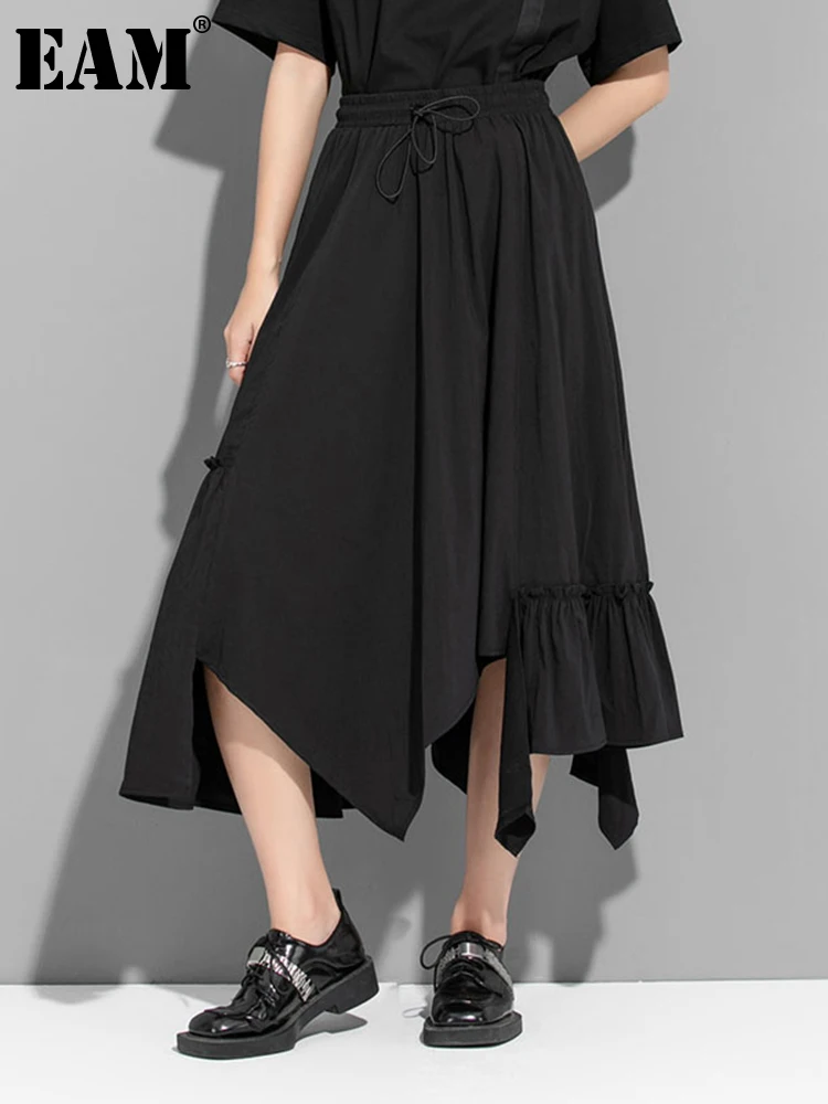 

[EAM] High Elastic Waist Black Irregular Ruffles Long Casual Half-body Skirt Women Fashion Tide New Spring Autumn 2022 1DE8222