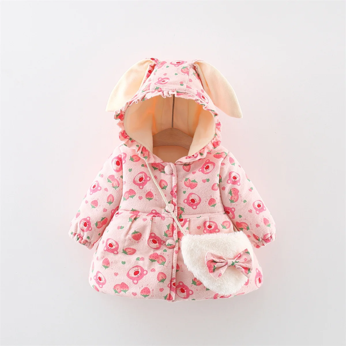 

Winter Girls' Cotton Clothes Cartoon Little Bear Print Rabbit Ears Hooded Button Thickened Cotton Warm Outer Wearing Love Bag