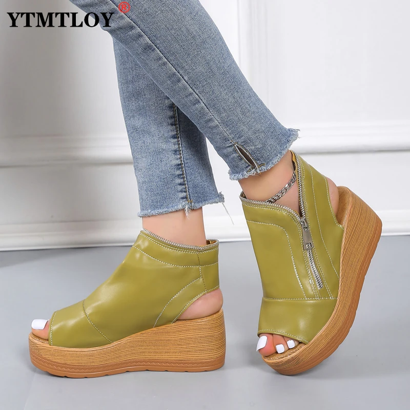 

Women Summer Sandals Mid Heels Wedges Shoes Ladies Vintage PU Leather Plus Size Mujer Sapato Feminino Peep Toe Sandals