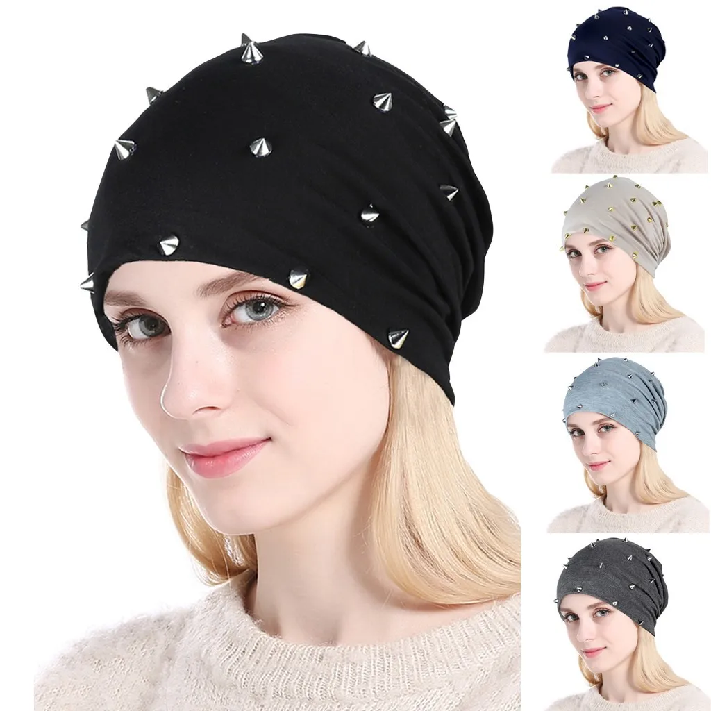 

New Style Fashion Adult Cotton Hats for Unisex Autumn Spring Warm Beanies Silvery Rivet Casual Women Soft Hat Women