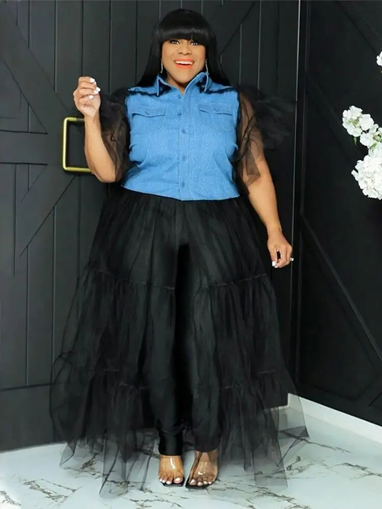 Summer Women Plus Size Clothing Large Size Dress Denim Patchwork Mesh Long Dress Short Sleeve Dress Shirt Wholesale Dropshipping