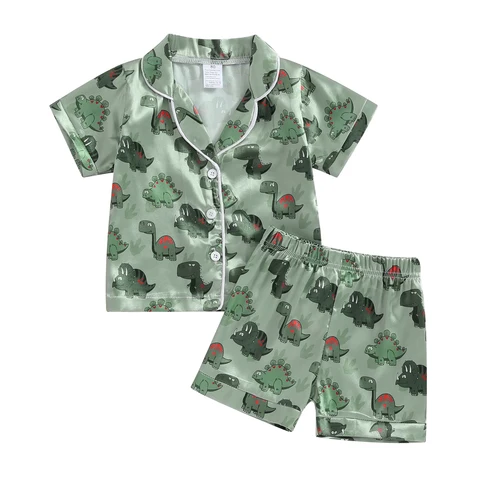 Детская летняя Пижама для мальчиков, рубашка с отложным воротником и коротким рукавом и шорты с эластичным поясом, одежда для сна из 2 предметов с принтом динозавров
