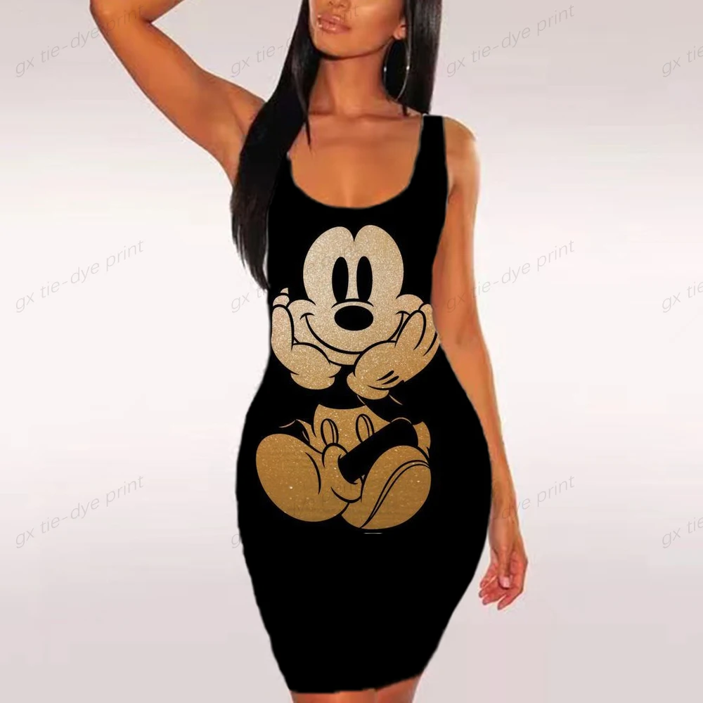

Disney Minnie Mickey Mouse Print Sleeveless Dress Midi Dress For Women Robe Femme Sundress Summer Backless Dresses For Women