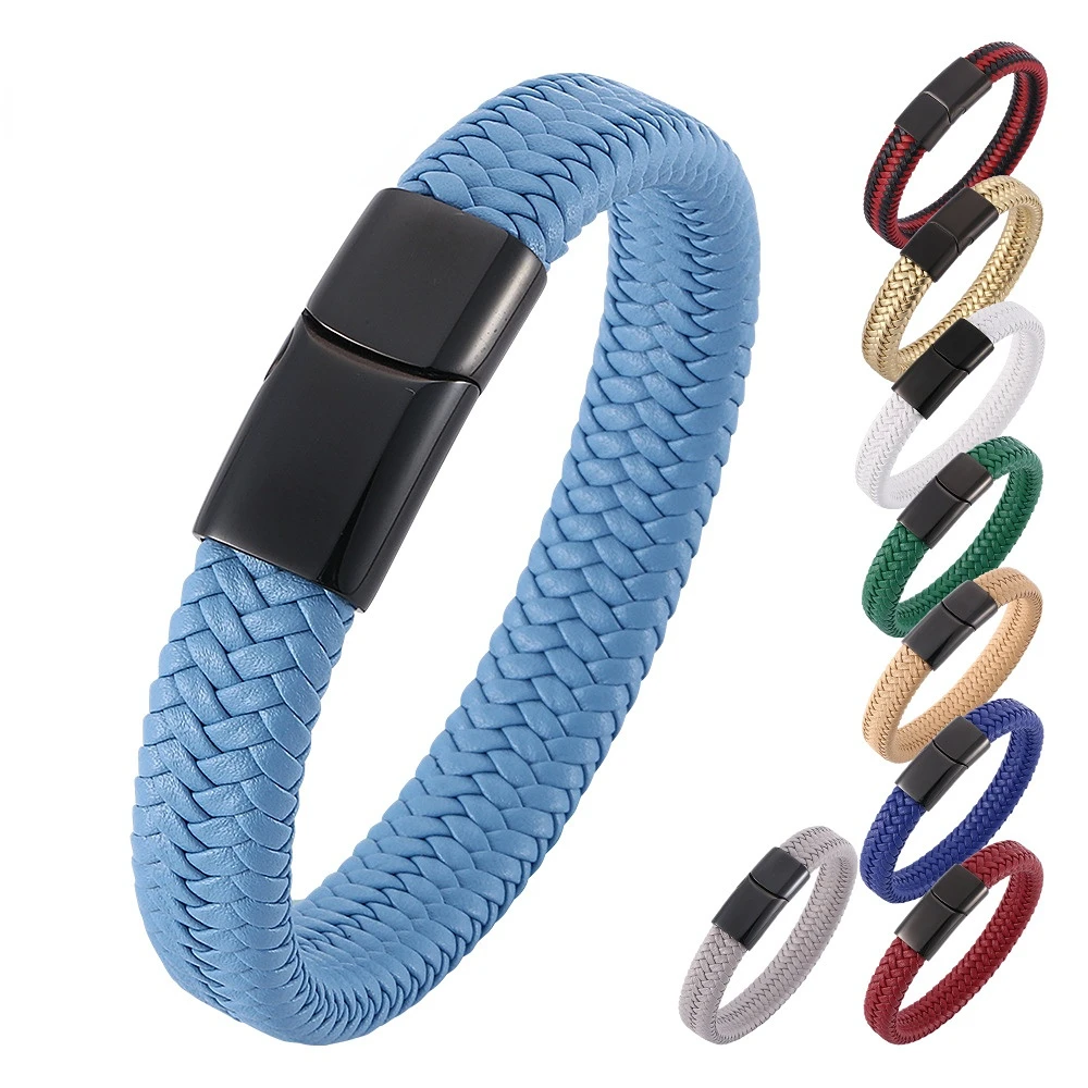 

12MM Black Titanium Steel Leather Braided Bracelet Men's Simple Leather Sailor Rope Bracelet Sports Bracelet