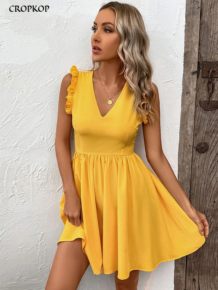 

Summer Sexy Short Dress Women Casual Backless Bandage Sleeveless Beach Dress Fashion V Neck A-line New In Dresses 2023