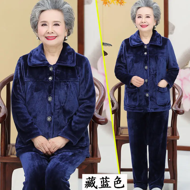Elder Lady Women's Pajamas Flannel Loose Autumn Winter Coral Fleece  Middle-Aged Mother Grandma Fleece-Lined Homewear Suit