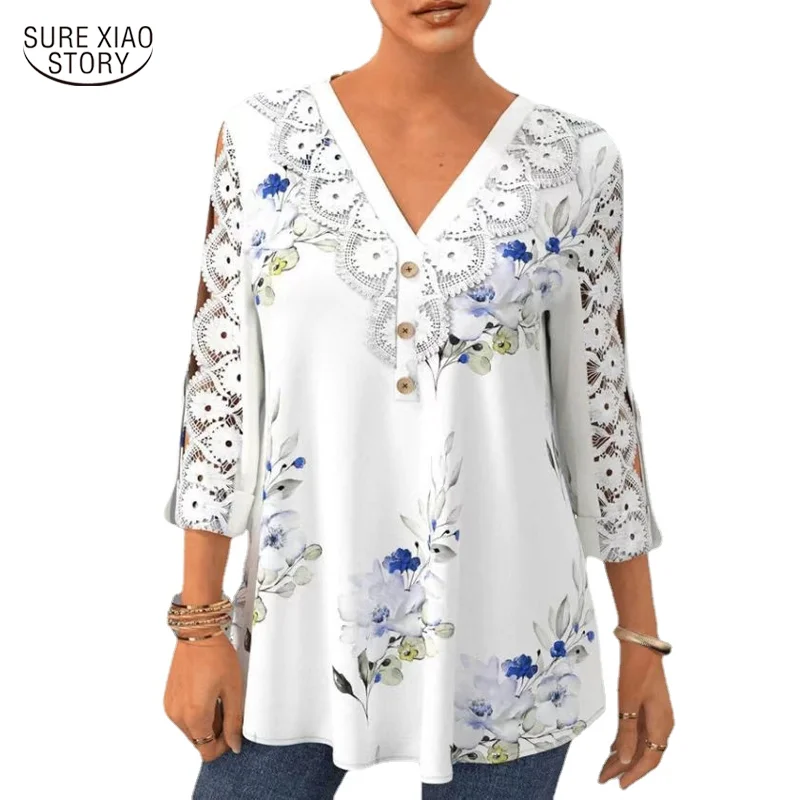 

Button Loose 5XL Top Fashion Casual V-neck Three-quarter Sleeve White Blouse Printed Hook Flower Hollow Lace Shirt Elegant 21892