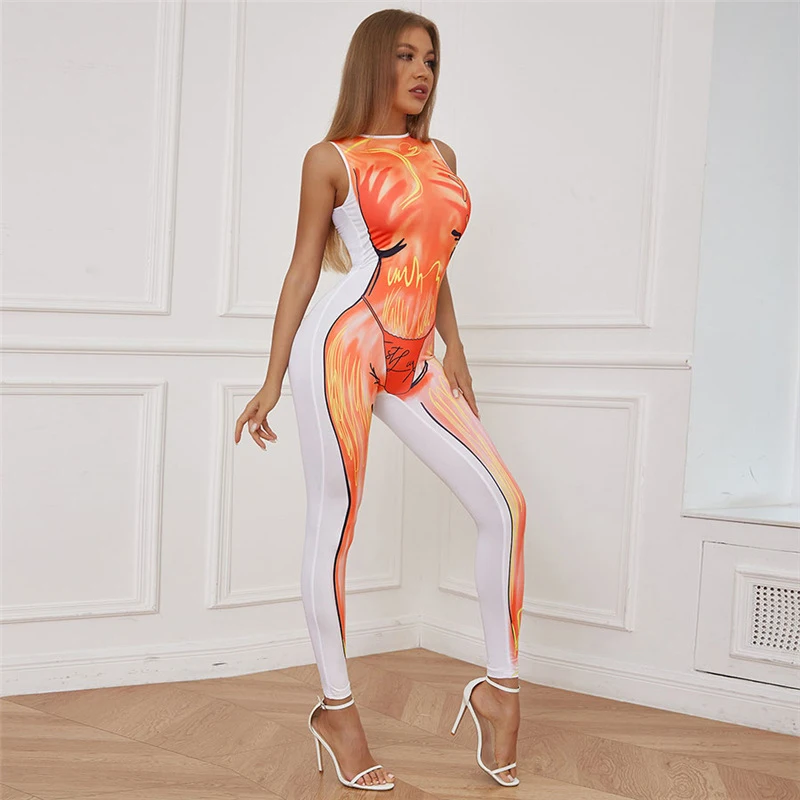 

Women Beach Outlet 2022 Cover Up Swimwear Kaftan Summer New Print Sleeveless High Waist Tight JumpSuit Polyester Bathroom