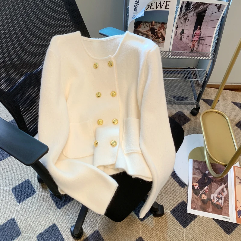 

Limiguyue Golden Double Breasted Cashmere Mink Sweater Cardigans Women Spring Autumn Knitted Jackets Warm Pockets Outwear U925