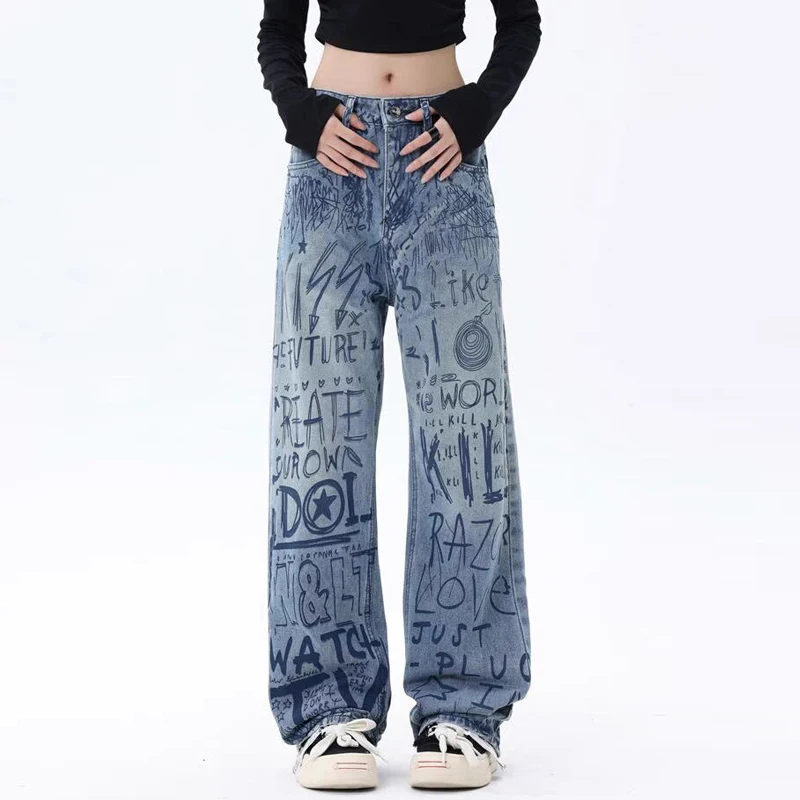 

Baggy Jeans 90s Vintage Low Rise Jeans For Women's Y2k Japanese Streetwear Fashion Graffiti Letter Loose Big Size Straight Pants