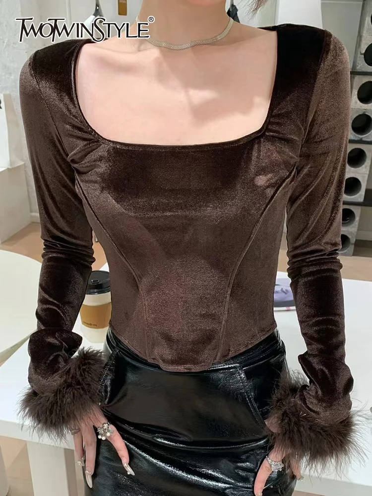 

TWOTWINSTYLE Solid Slimming Patchwork Feathers T Shirts For Women Square Collar Long Sleeve Minimalist T Shirt Female Fashion