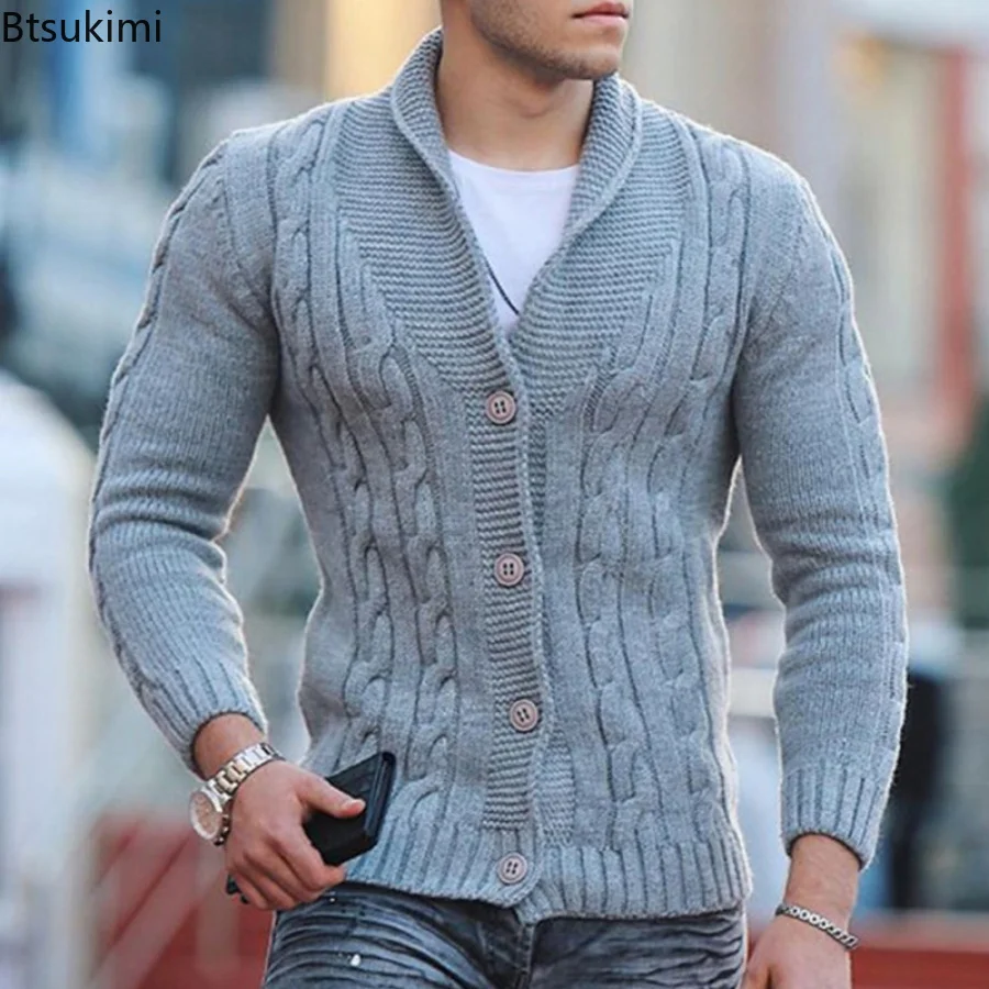 

Autumn Winter Men's Warm Knitted Sweater Solid Sinle-breasted Twisted Texture Cardian Lapel Slim Buttoned Tick Sweater Male