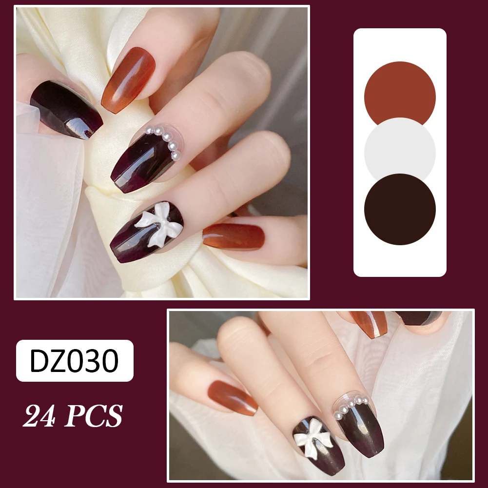 

Новинка 2022, 24 шт, блестящие, нежные, коричневые, накладные ногти, нежные, алмазные, искусственные ногти для женщин, девушек, для дизайна ногте...