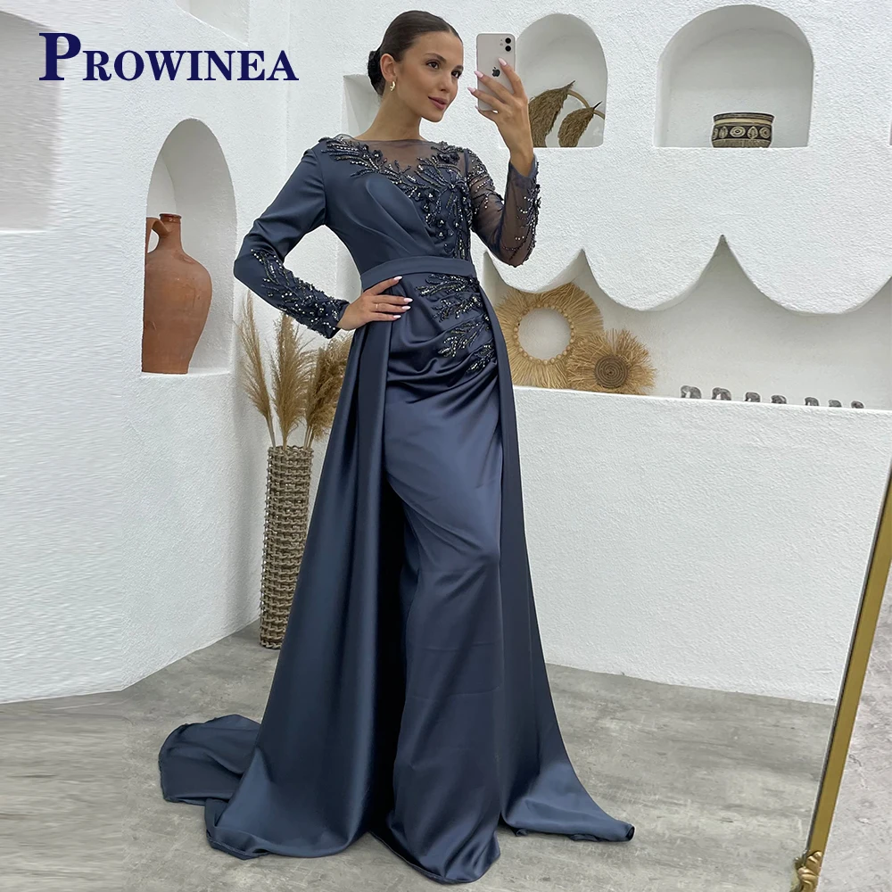 

Prowinea Beading Stain Scoop Straight Trendy Evening Dresses Long Luxury Celebrity Made To Order Removable Tail De Fiesta Simple