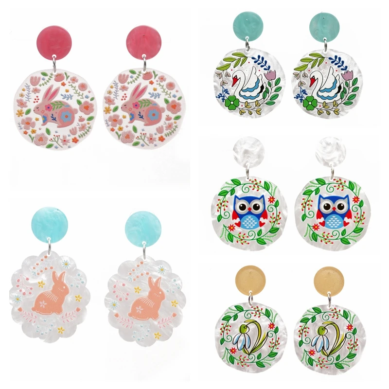 

Summer New Style Round Acrylic Earrings for Women Color Cute Rabbit Swan Owl Drop Earrings Circle Jewelry