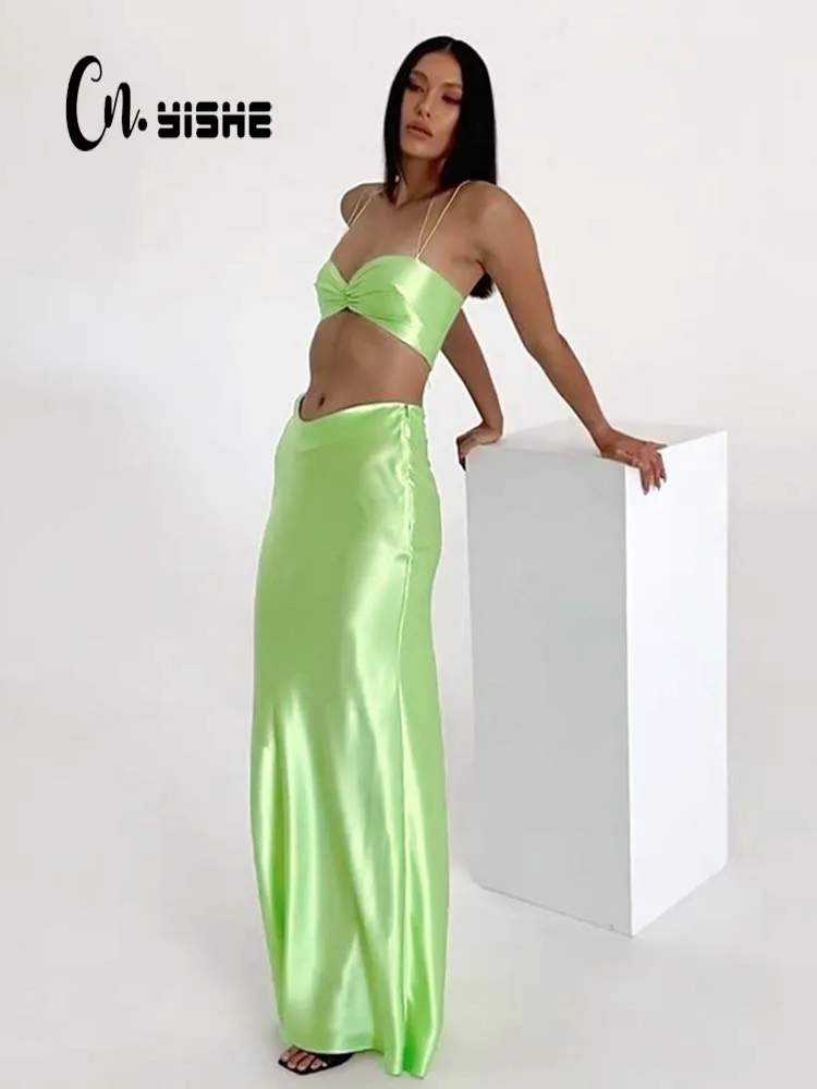 

CNYISHE Elegant Satin Bandage Two Piece Skirts Matching Sets Fashion Tracksuit for Women Sexy Green Set Satin Party Tanks Suits