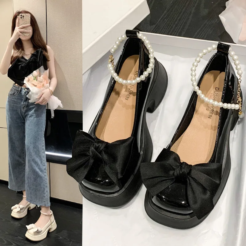 

Женские летние туфли на массивном каблуке, стильные ретро-туфли на клейкой основе с бантом, джинсы на массивном каблуке, новинка 2022