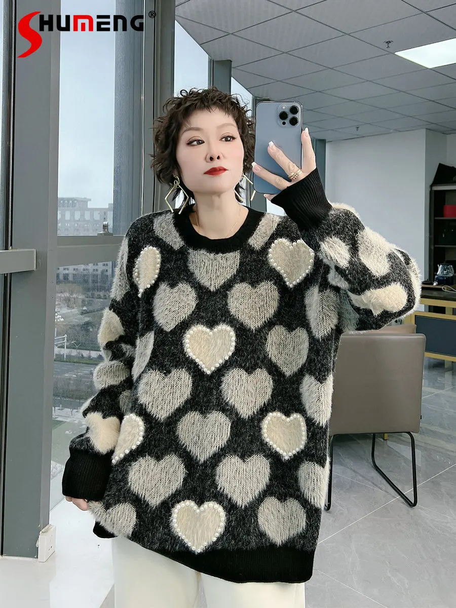 Large Size Women Clothings Fashion Cute Lazy Sweater Ladies Fall Winter Sweet Trendy Love Pearl Soft Loose Pullover Knitted Top