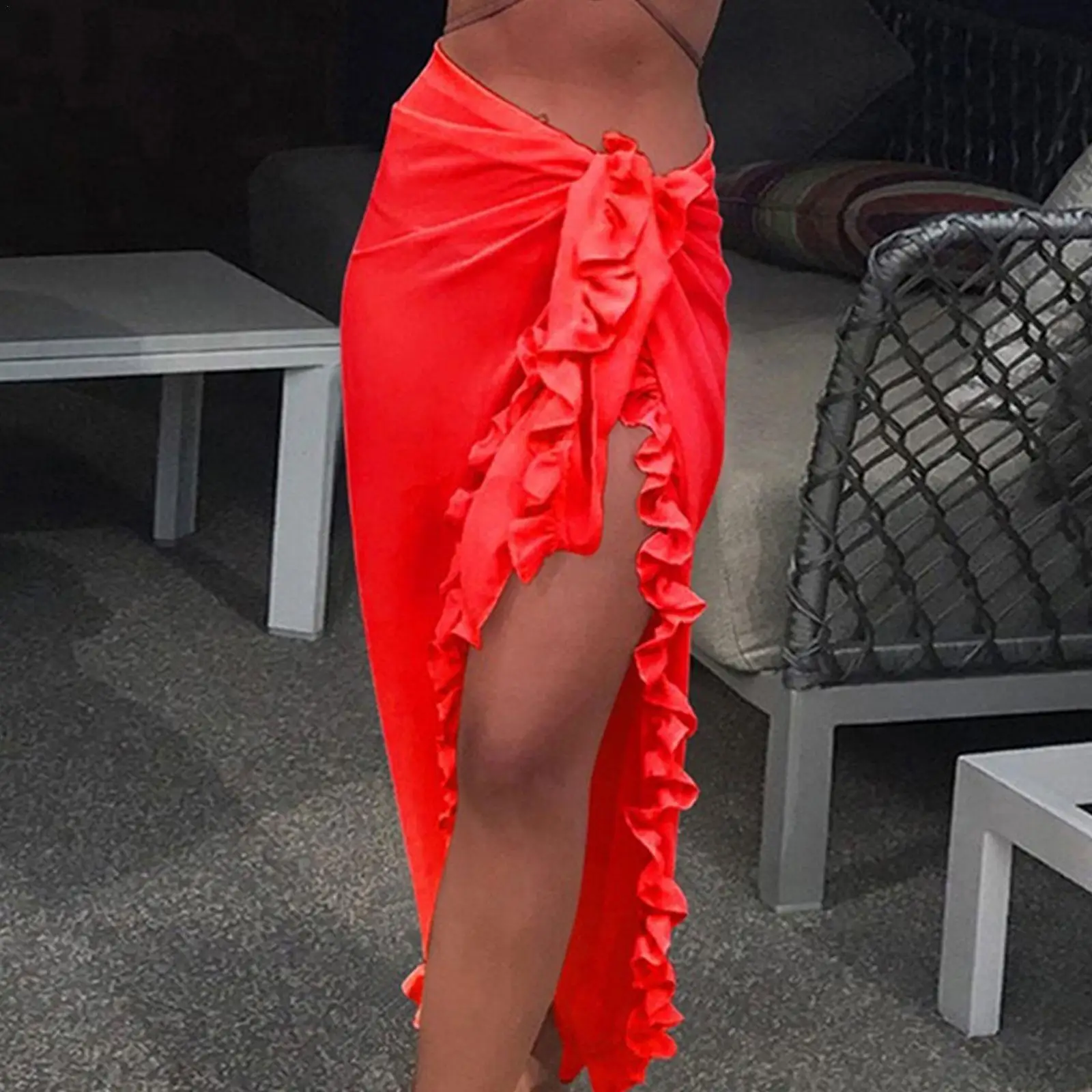 

Woman Chiffon Bikini Cover Up Wrap Skirt Beach Swimsuit Transparent Ruffle Sunscreen Cover Skirt Swimwear Cape Scarf Wrap Skirt