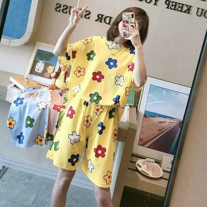 Summer Knitted Cotton Clouds Printing Two Piece Short Sleeved Women Pajamas Sets Pyjamas Ladies Sleepwear Cute Cartoon Pijamas