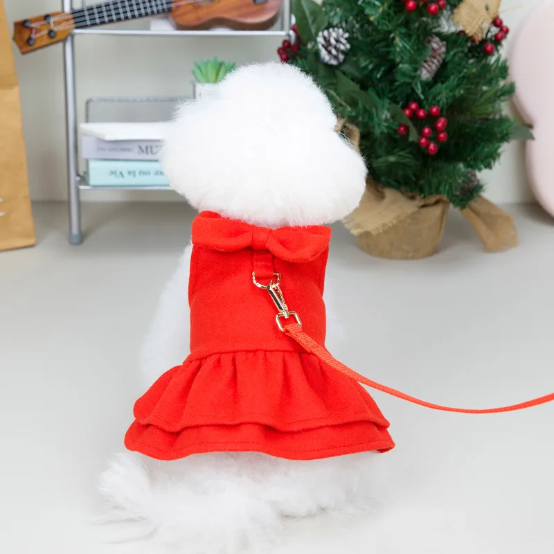 

Рождественское шерстяное платье с юбкой для домашних животных, платье для собаки с бантом и оборками на подоле, платье для щенка со шнурком, одежда для чихуахуа, йоркширского терьера