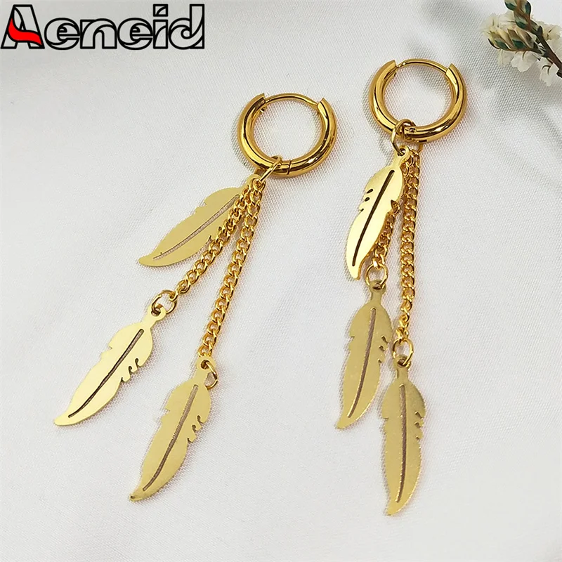 

Long Feather Hoop Earring for Women Stainless Steel Vintage Kpop Korean Tassel Chain Dangle Earrings Jewelry Accessories Gifts