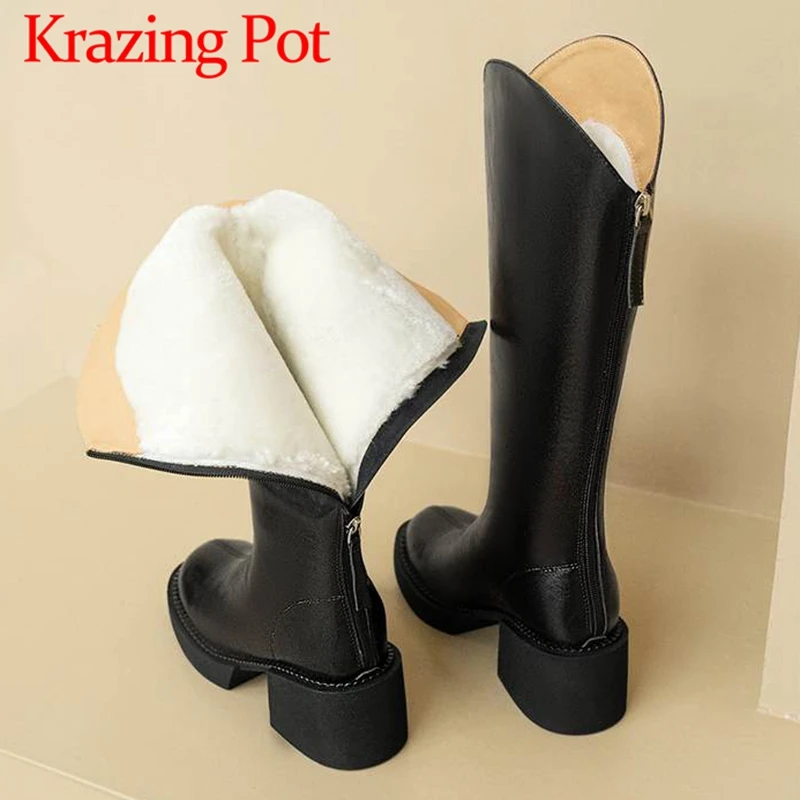 

Krazing Pot Cow Split Leather Thick High Heel Square Toe Snow Boots Platform Keep Warm Cozy Preppy Style Zipper Thigh High Boots