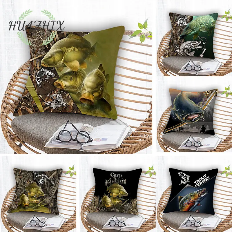 

Bass Carp Fishing Pillow Case Peach Skin Comfortable Patterns Gifts Fish Printed Home Office Decorative Pillowcase Cushion Cover