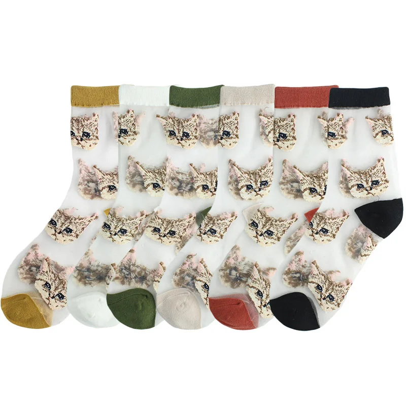 

6 Pair Women Socks Elastic Summer Cute Calcetines Cat Cool Breathable Ultra-Thin Transparent Mercerized Female Glass Silk Sock