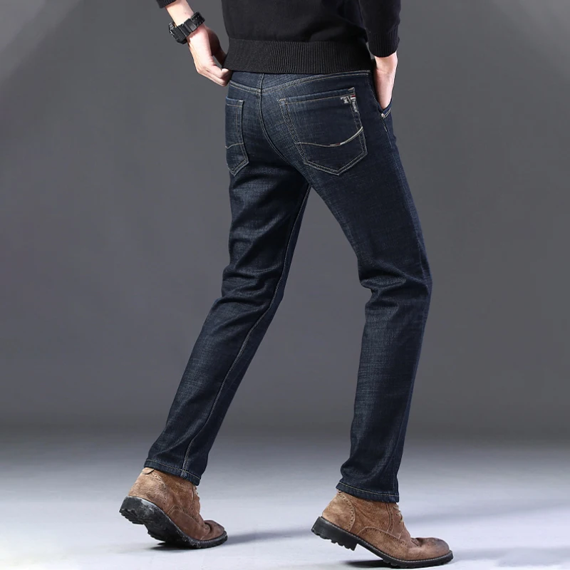 2022 Winter Brand Fit Straight Fleece Thick Warm Jeans Classic Youth Men's Business Casual High Street Denim Jeans New
