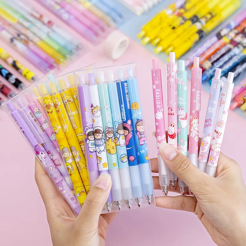 

Sanrio Press Pen 6 Boxed Anime Gel Pen Students with Press-type Water-based Pen Black Signature Pen Children's Gift