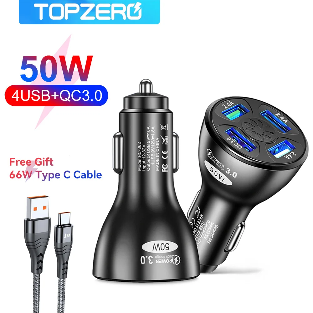  Автомобильное зарядное устройство с 4 USB-портами, 50 Вт, 7A, QC3.0, быстрая зарядка, автомобильное зарядное устройство USB для iPhone 13, Xiaomi, Huawei, Sam…